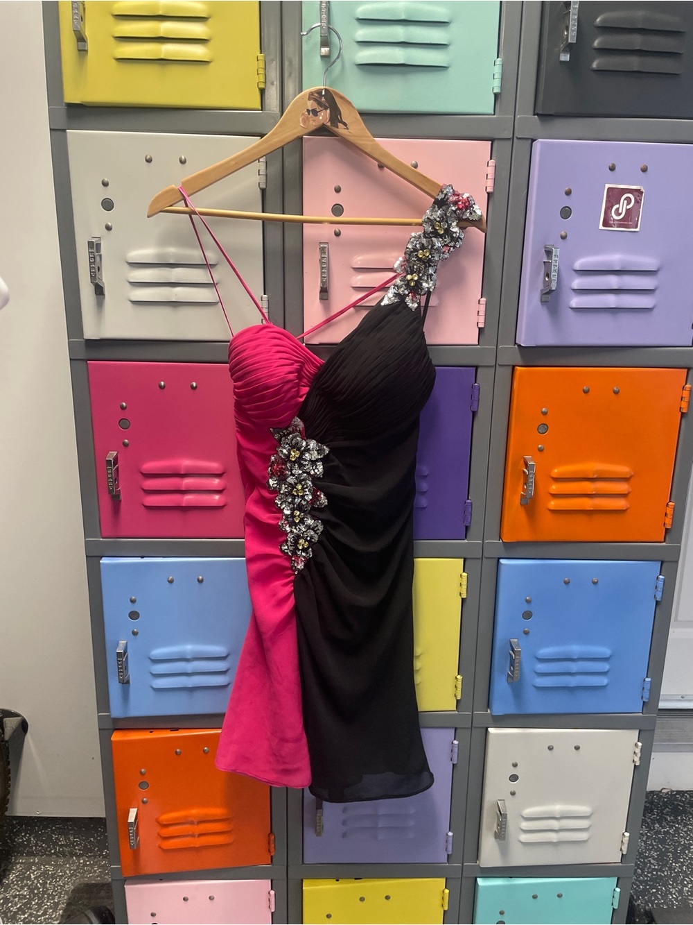 Two-Tone Pink and Black One-Shoulder Evening Dress with Embellished Detail